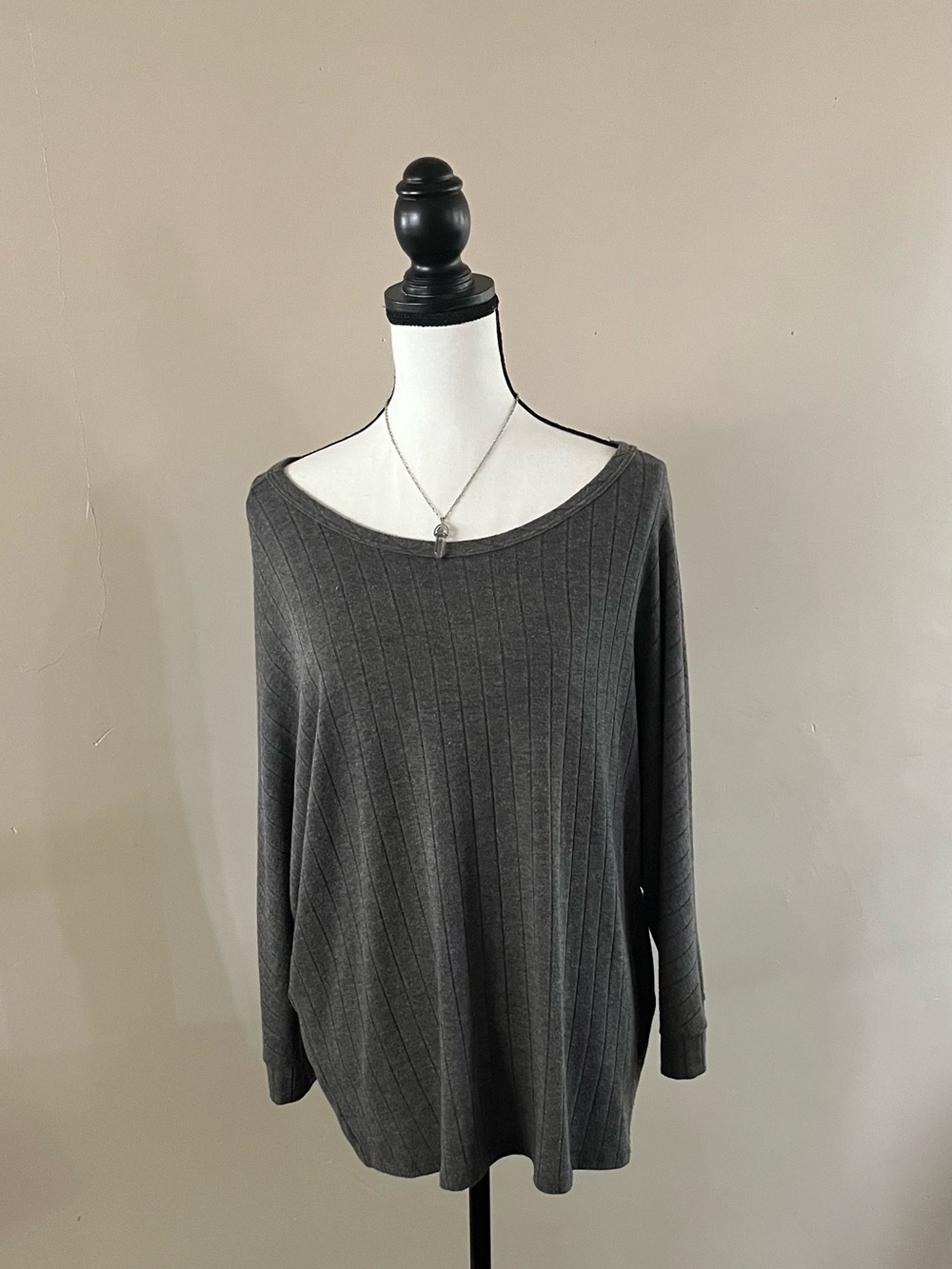 Women's Long Sleeve Ribbed Tee - Charcoal Gray